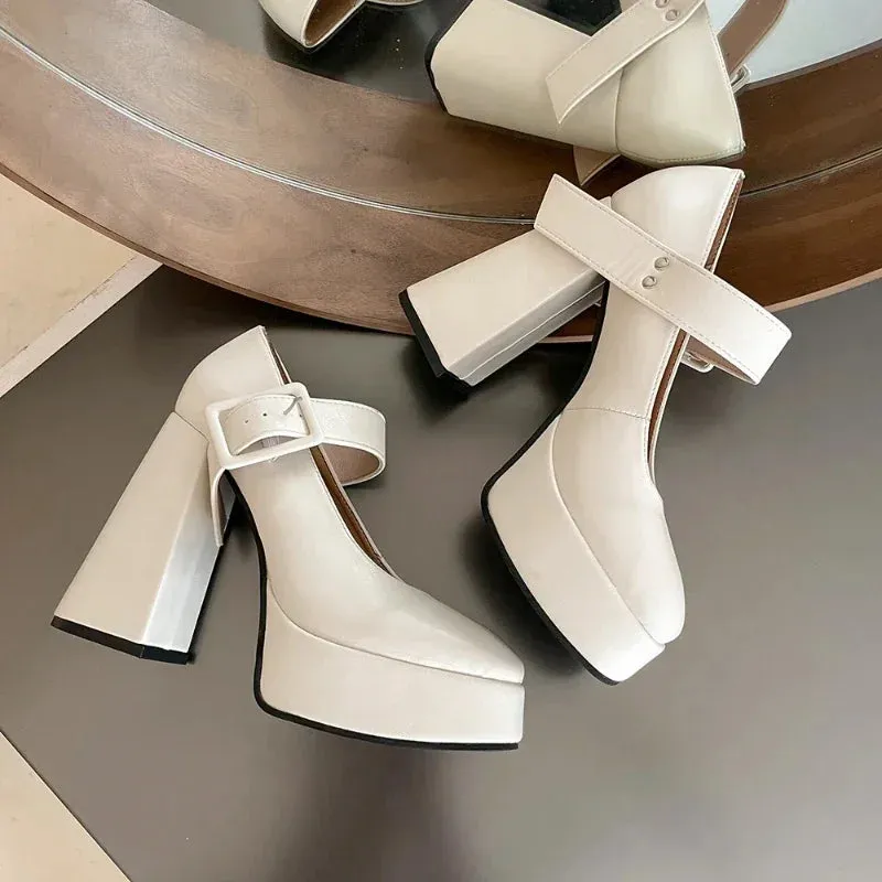 Advbridge  Chunky Mary Janes Women Pumps Ankle Strap Square Toe Footwear Ladies Spring Black Fashions Platform Platform High Heels Ladies