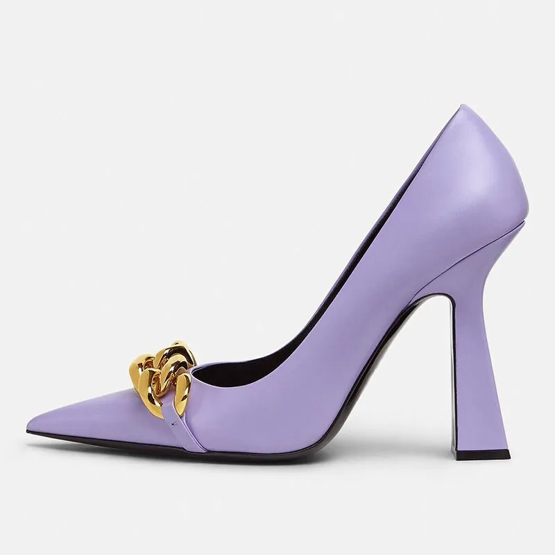Advbridge Spring and Autumn New Special-shaped Heel Pointed Purple High-heeled Shoes Metal Chain  Large Size Women's Shoes