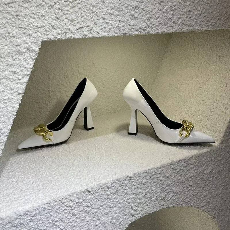 Advbridge Spring and Autumn New Special-shaped Heel Pointed Purple High-heeled Shoes Metal Chain  Large Size Women's Shoes