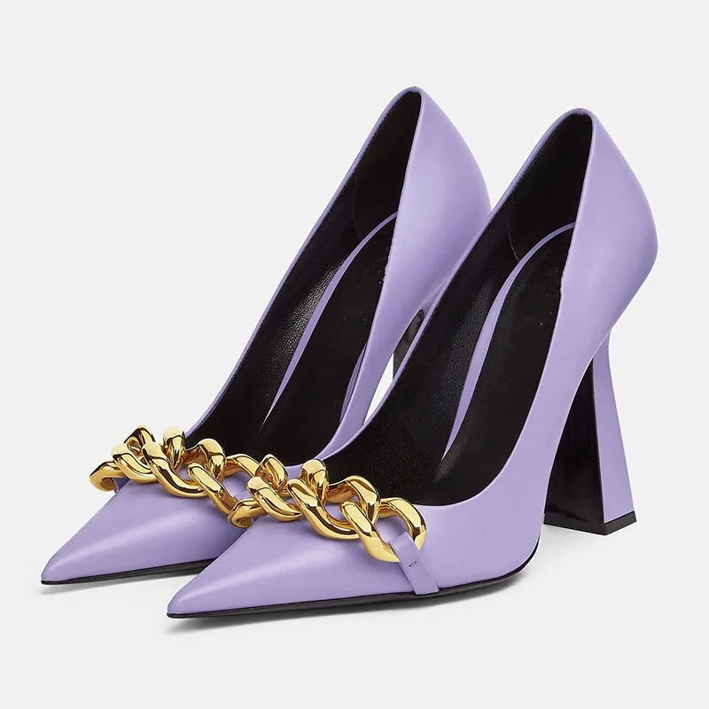 Advbridge Spring and Autumn New Special-shaped Heel Pointed Purple High-heeled Shoes Metal Chain  Large Size Women's Shoes