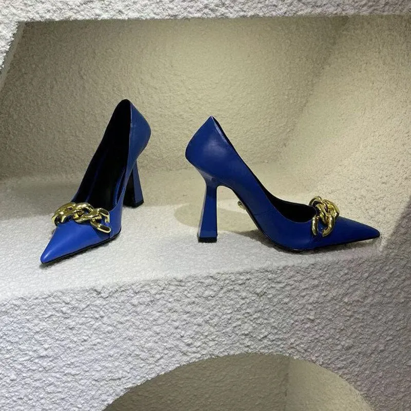 Advbridge Spring and Autumn New Special-shaped Heel Pointed Purple High-heeled Shoes Metal Chain  Large Size Women's Shoes