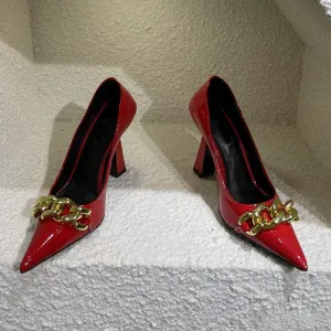 Advbridge Spring and Autumn New Special-shaped Heel Pointed Purple High-heeled Shoes Metal Chain  Large Size Women's Shoes
