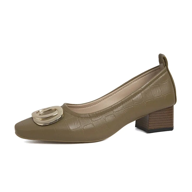 Amozae-2024 Woman Elegant Square Toe Beige Shoes Heel Female Metal Accessories  Shoes Comfortable Cute  Shoes