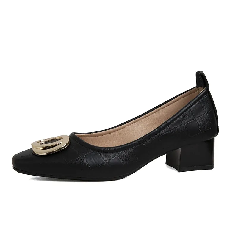 Amozae-2024 Woman Elegant Square Toe Beige Shoes Heel Female Metal Accessories  Shoes Comfortable Cute  Shoes