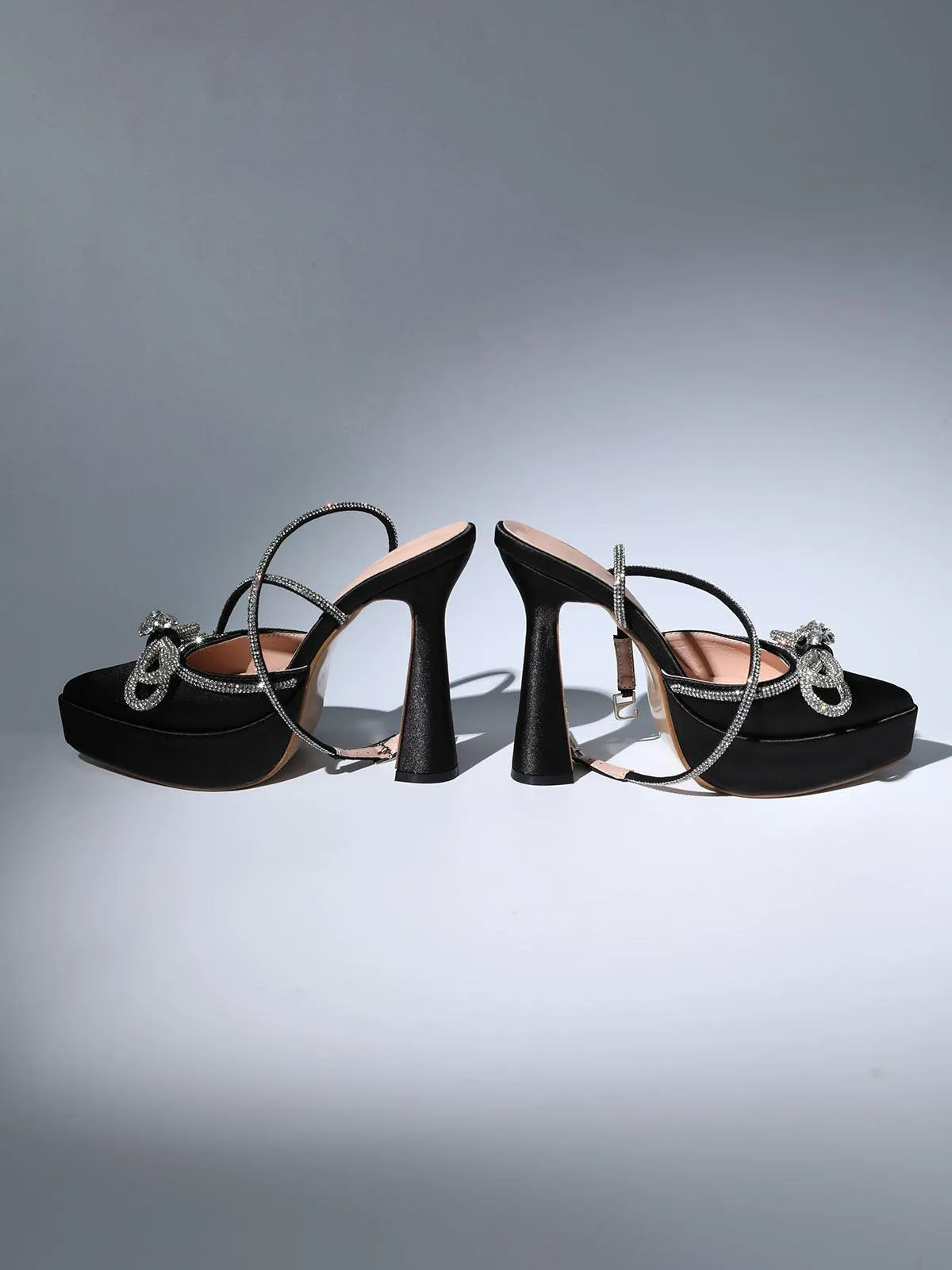 Anouk Bow Crystal Satin Heels In Black