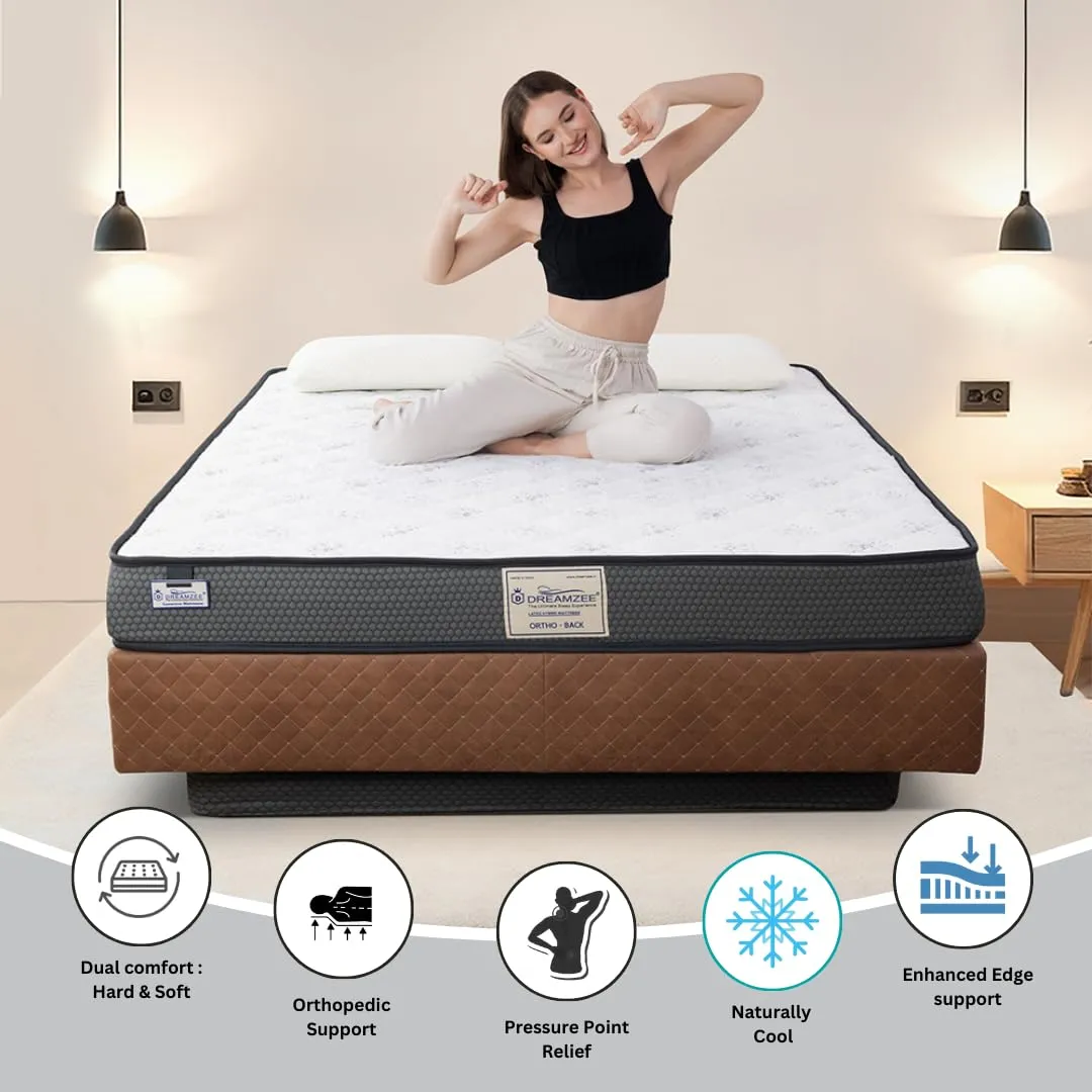 DREAMZEE Ortho-Back™ - Globally Certified 100% Natural Latex   Bonded Foam - Medium Hard Ortho Comfort - Latex Hybrid Mattress (75x48x6 Inches)