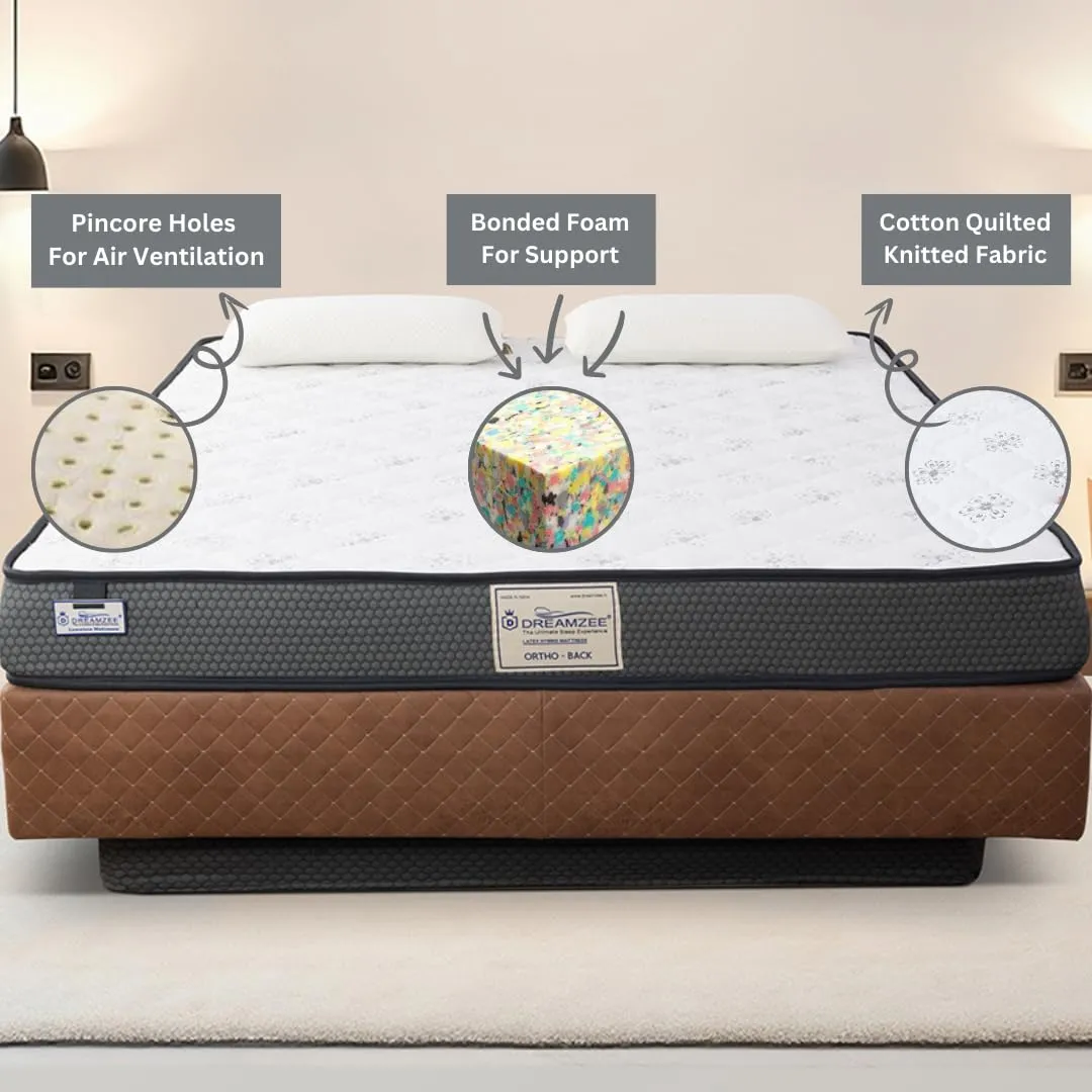DREAMZEE Ortho-Back™ - Globally Certified 100% Natural Latex   Bonded Foam - Medium Hard Ortho Comfort - Latex Hybrid Mattress (75x48x6 Inches)
