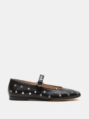 Eyelet studded black leather Mary Jane flats
