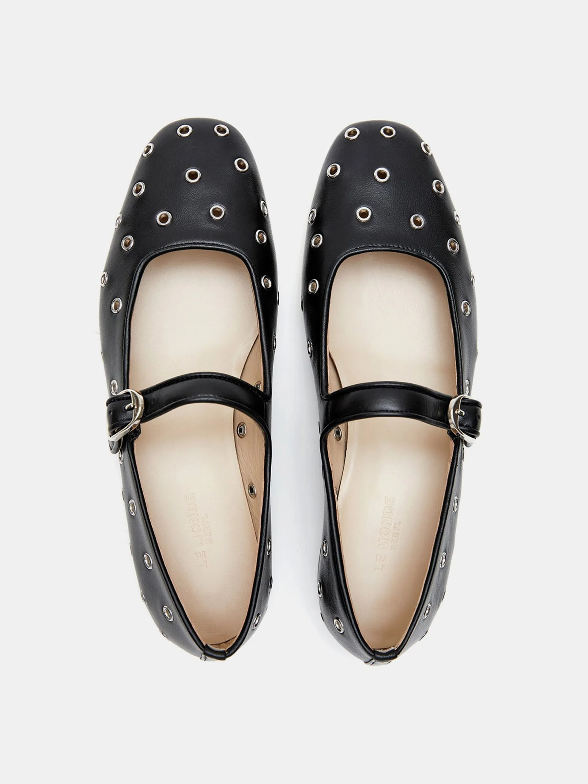 Eyelet studded black leather Mary Jane flats