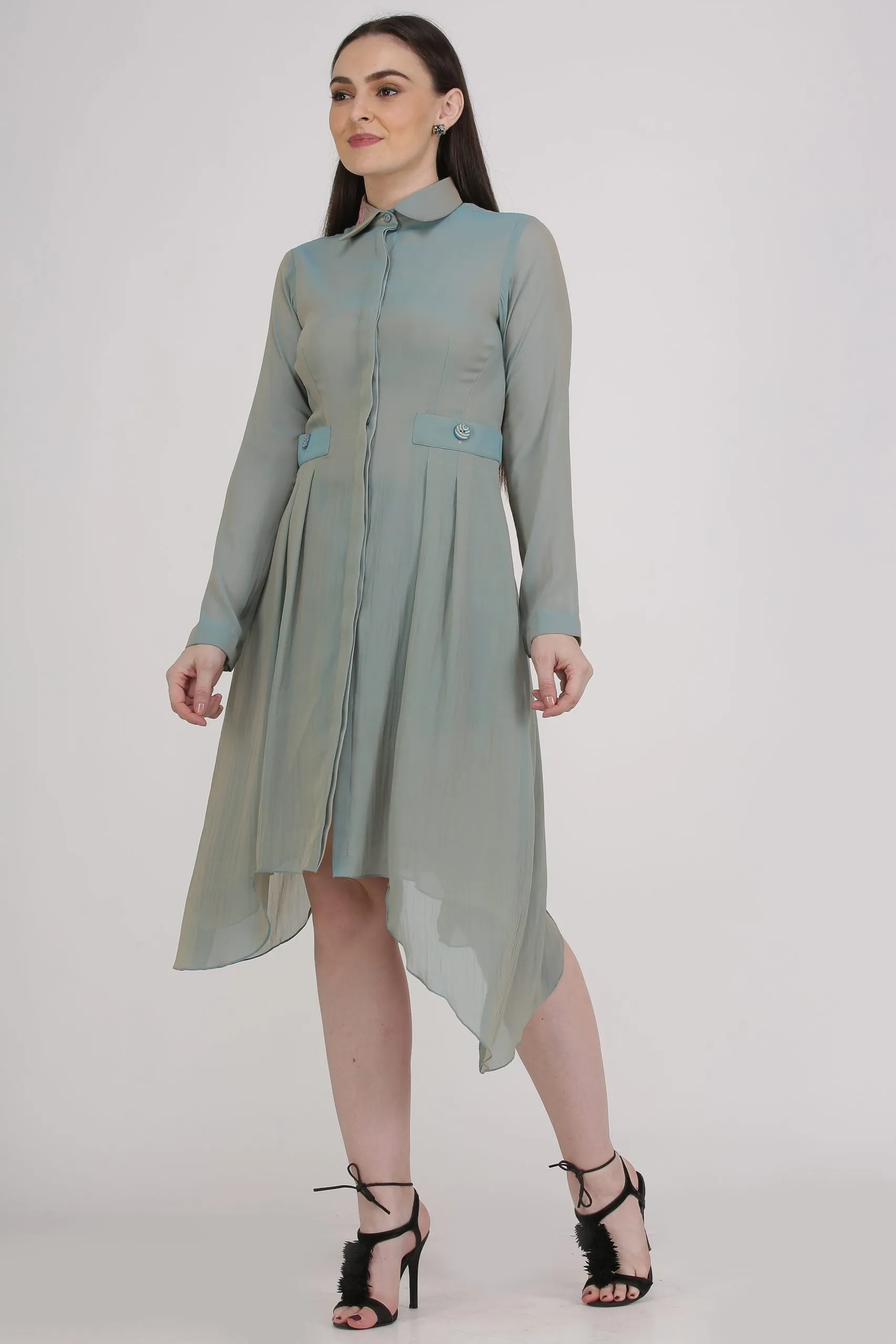 Georgette Grey Knee Length Work Shirt Dress
