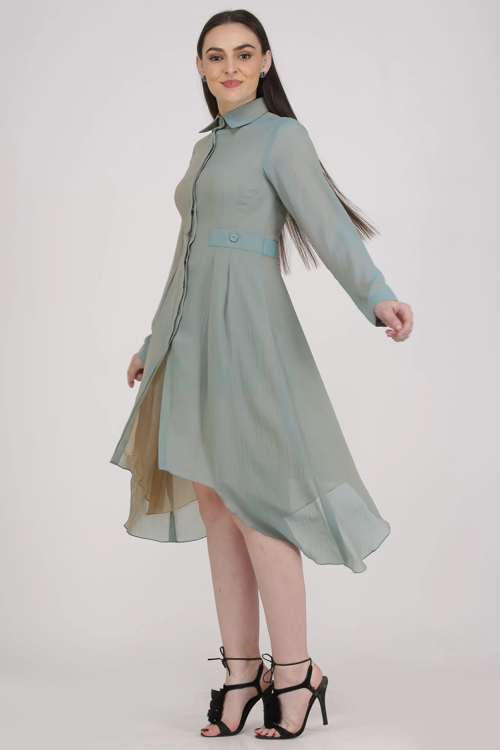 Georgette Grey Knee Length Work Shirt Dress