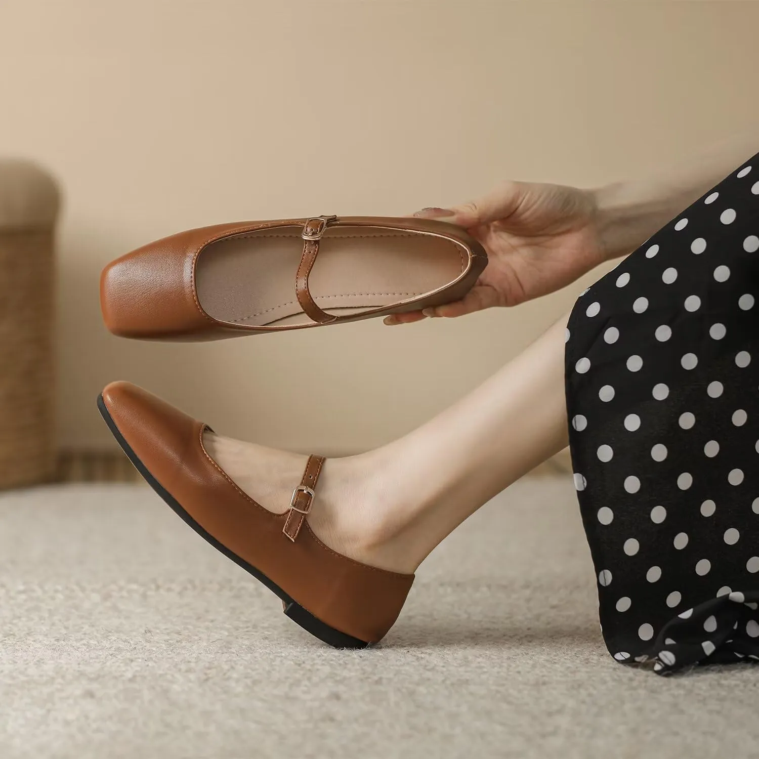 Hee grand Leather Mary Jane Shoes for Women Dressy Square Toe Ballet Flats with Strap Comfortable Walking Shoes Soft Leather Dress Shoes