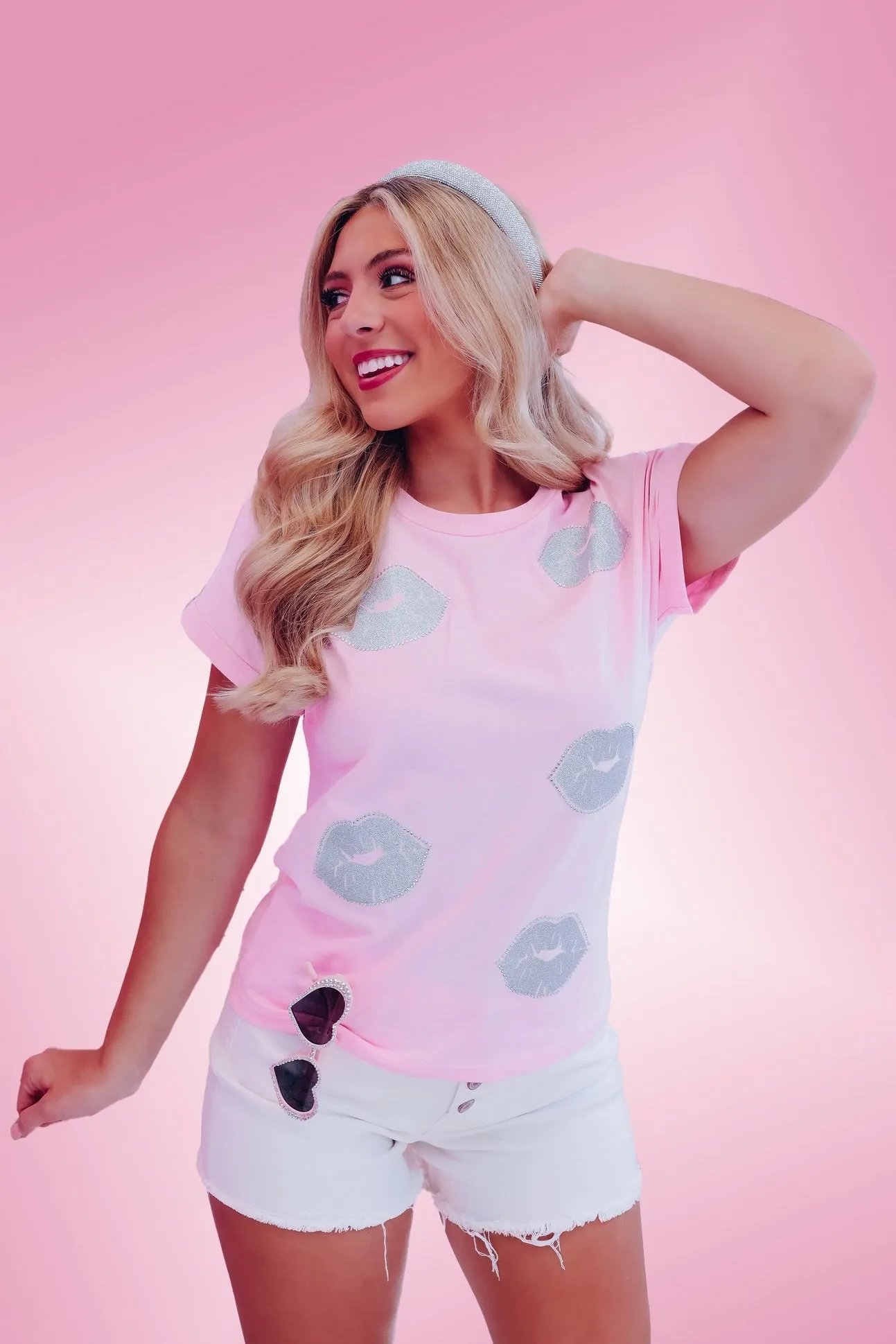 Lush Lined Rhinestone Lip Graphic Top - Pink