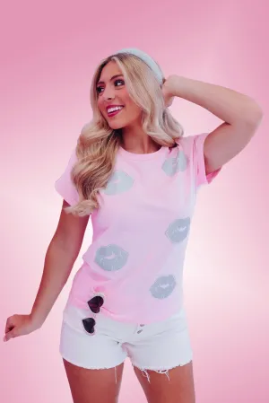 Lush Lined Rhinestone Lip Graphic Top - Pink