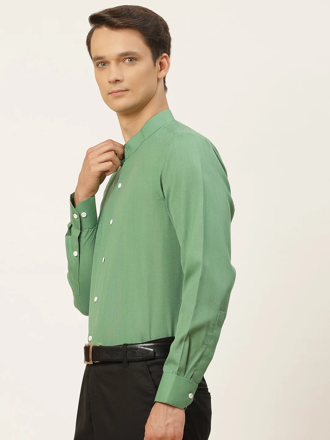Mens Cotton Linen Pistachio Chinese Collar Shirt - Sojanya