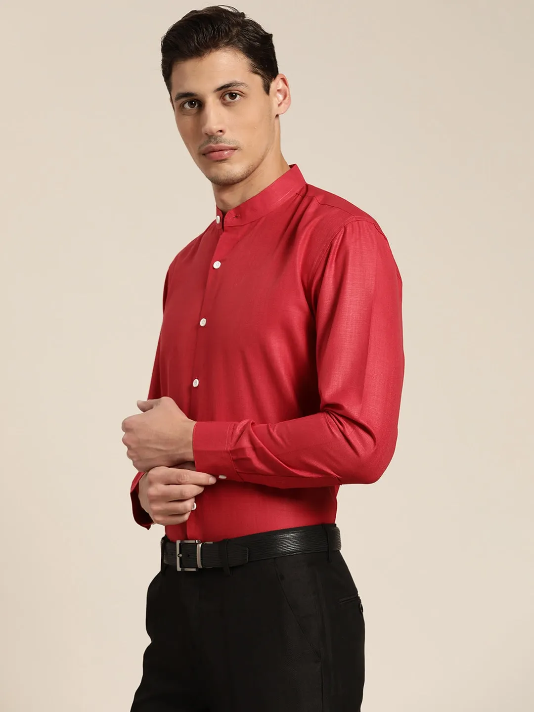 Men's Cotton Red Chinese Collar Formal Shirt - Sojanya