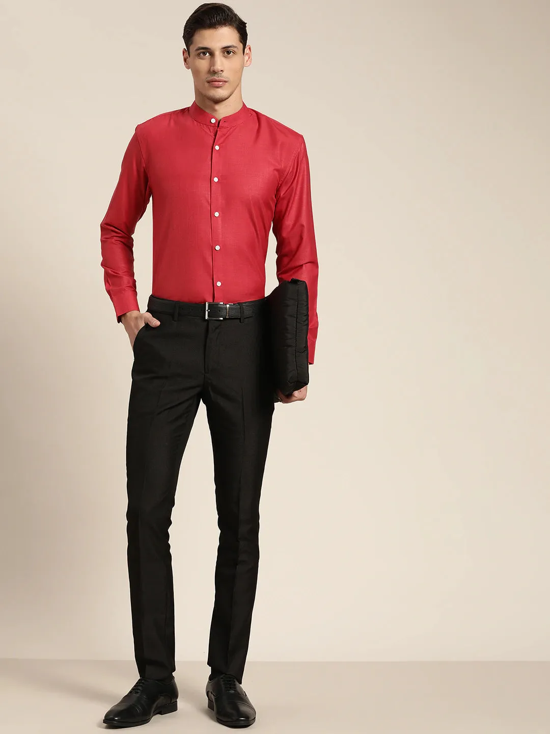 Men's Cotton Red Chinese Collar Formal Shirt - Sojanya