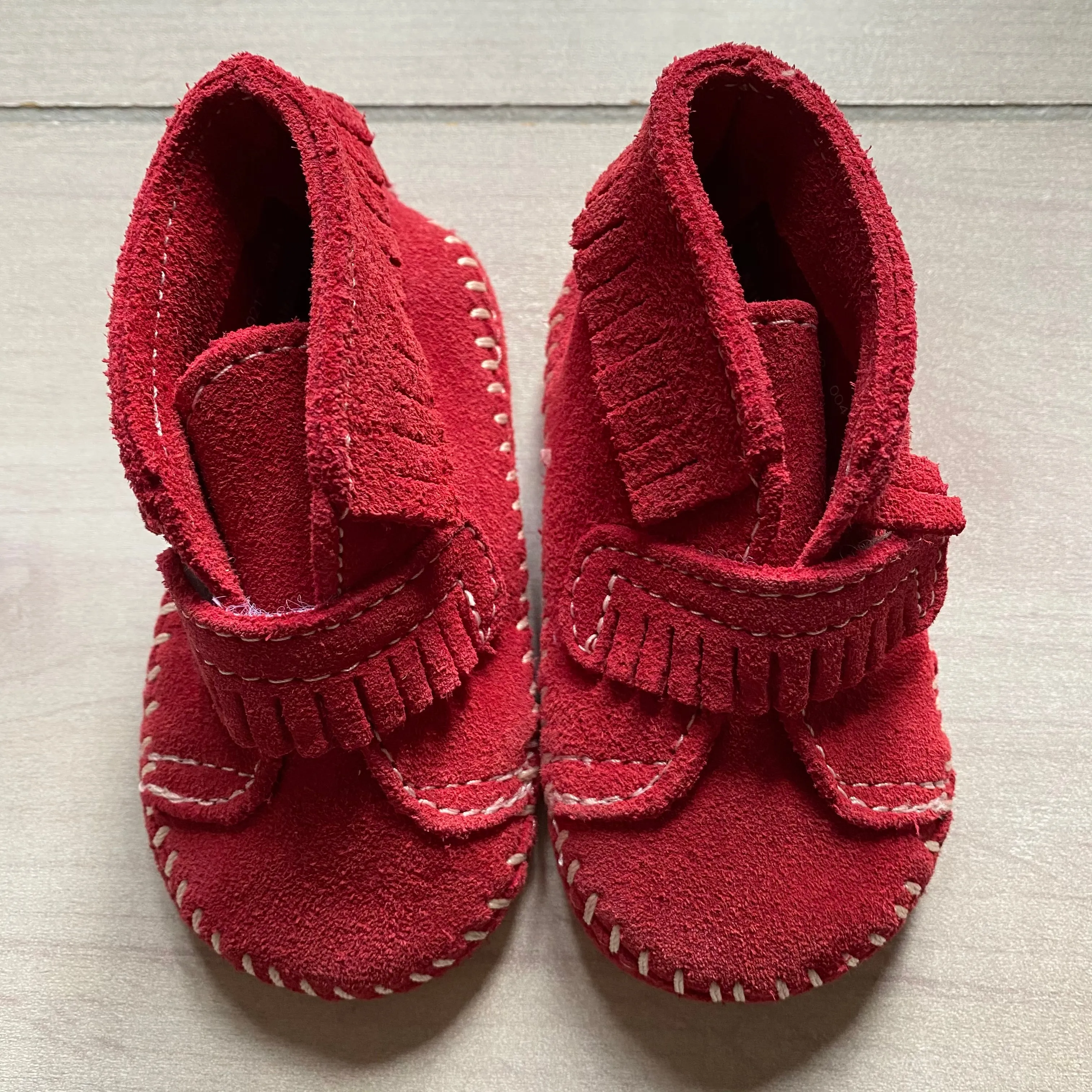 Minnetonka Red Suede Velcro Bootie Moccassin