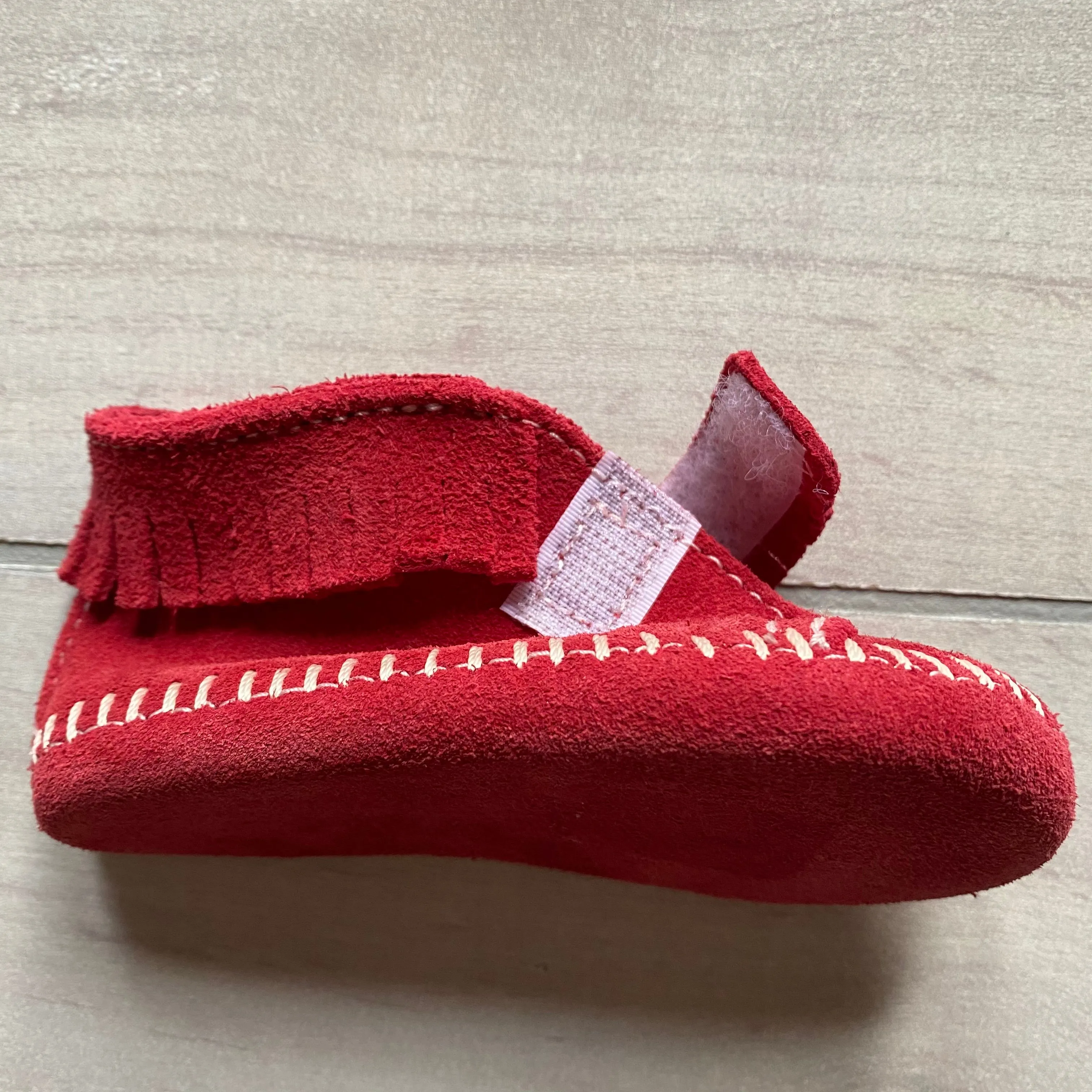 Minnetonka Red Suede Velcro Bootie Moccassin