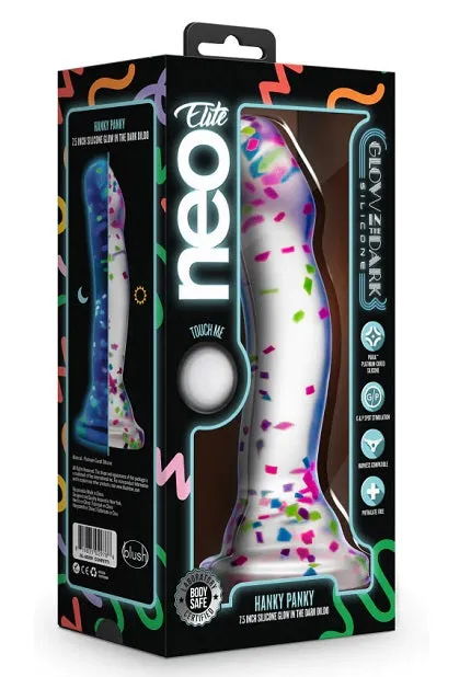 Neo Elite Glow in the Dark Silicone Hanky Panky Dildo 7.5in - Confetti