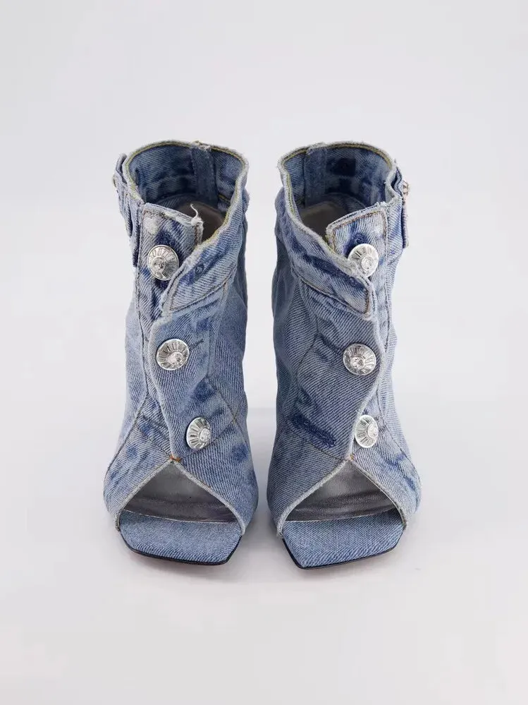 Open Toe Denim Booties/Denim Mules