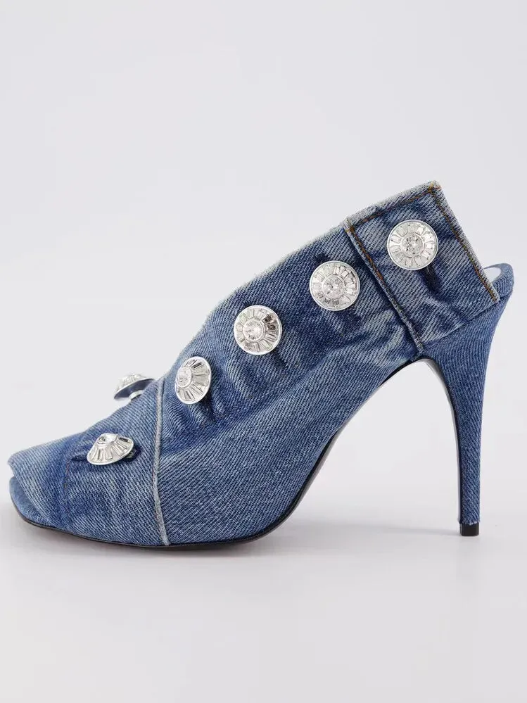 Open Toe Denim Booties/Denim Mules
