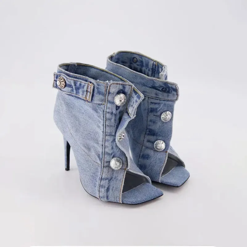 Open Toe Denim Booties/Denim Mules