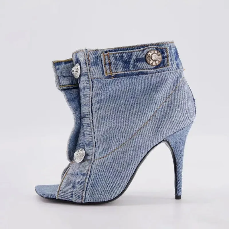 Open Toe Denim Booties/Denim Mules