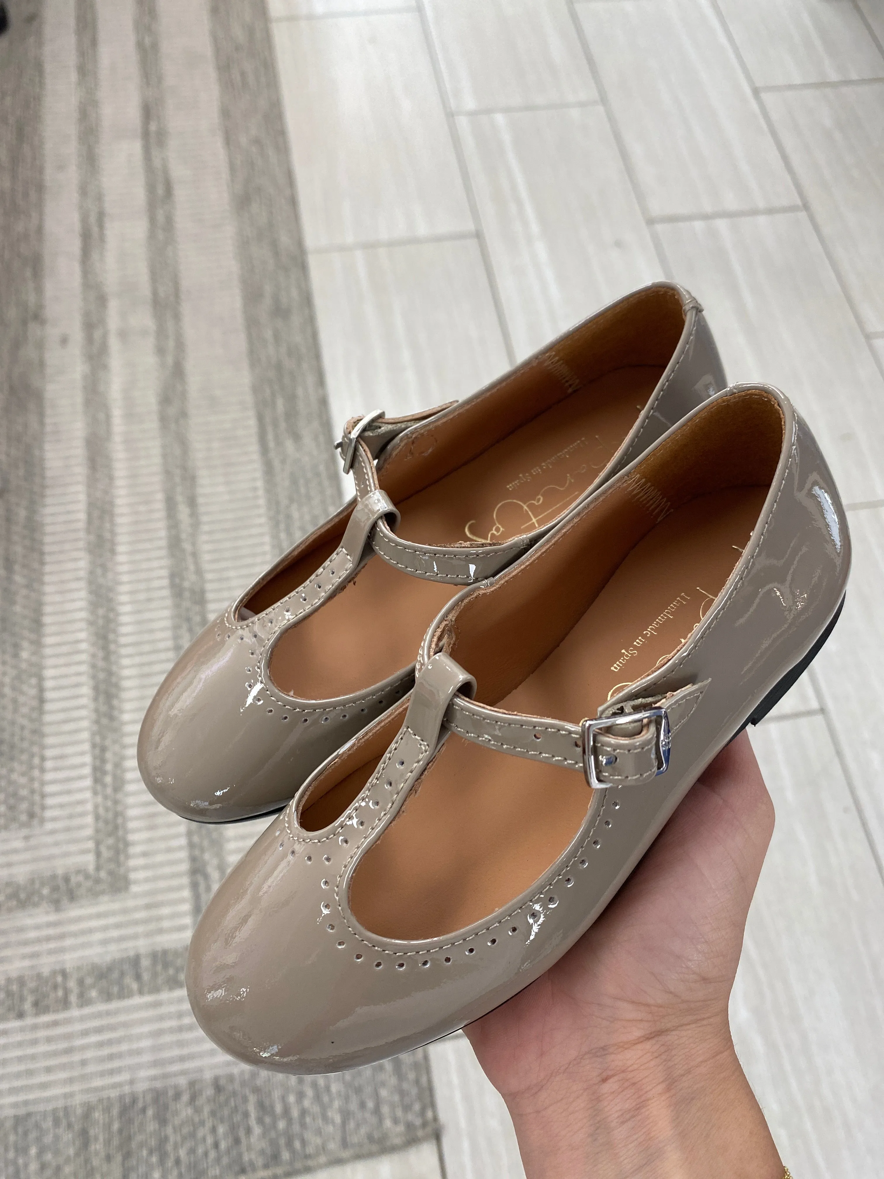 Papanatas Taupe Patent T Strap Mary Jane