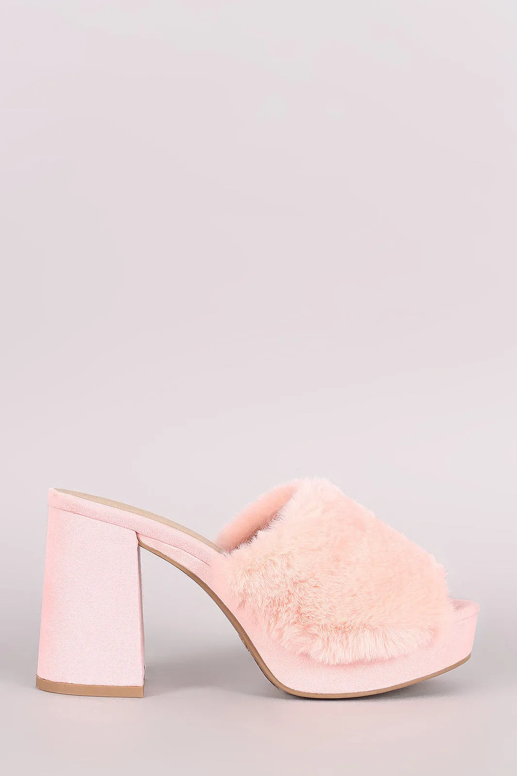 Qupid Fluffy Fur Trim Chunky Mule Heel
