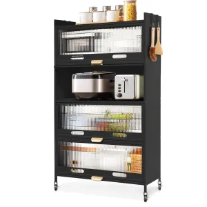 relaxed 5 Tier Metal Storage Cabinet, Kitchen Pantry Cabinet with 4 Doors, Lockable Wheels & 4 Hooks, Heavy Duty Shelves for Dining Room Living Room Bathroom (Black)
