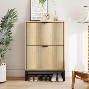 relaxed Modern Fluted Shoe Storage Cabinet with 2 Flip Drawers, Wooden White, 39.68 lb
