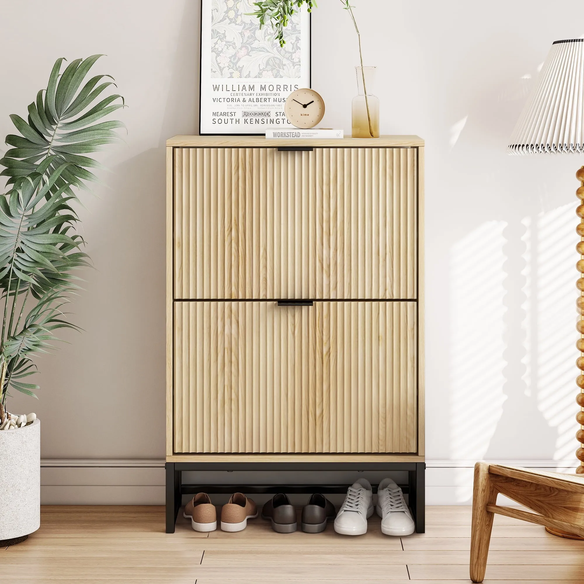 relaxed Modern Fluted Shoe Storage Cabinet with 2 Flip Drawers, Wooden White, 39.68 lb