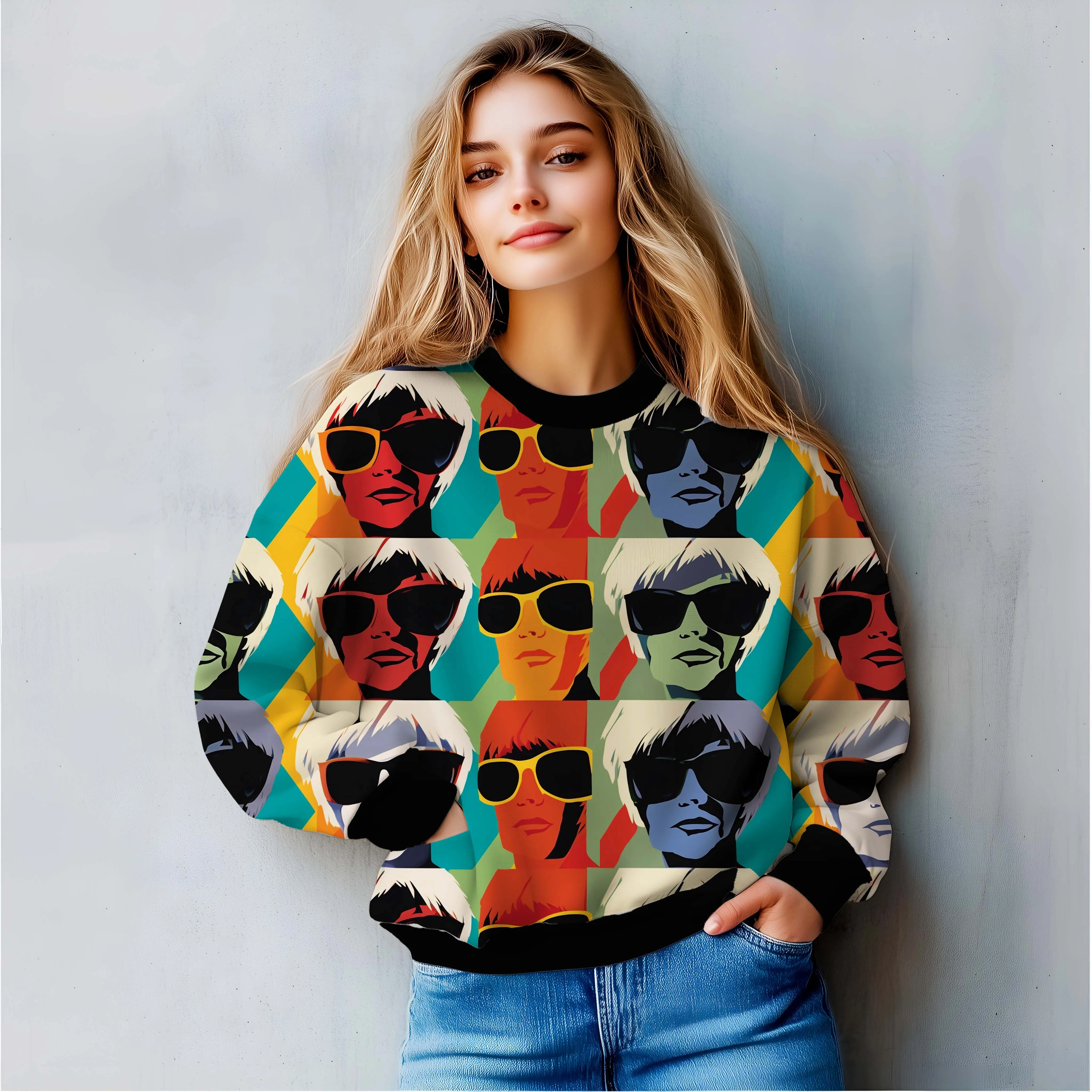 Retro Chic: Vintage Feminine Visage All-Over Print Sweatshirt