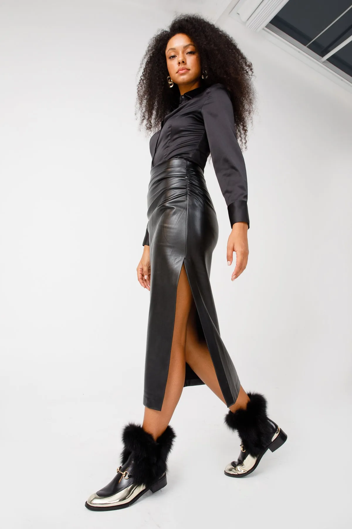 The Izmir Black & Gold Leather Natural Fox Fur Mid Calf Women Boot