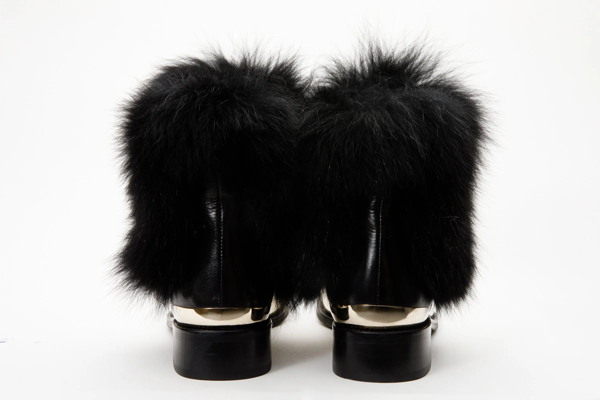 The Izmir Black & Gold Leather Natural Fox Fur Mid Calf Women Boot