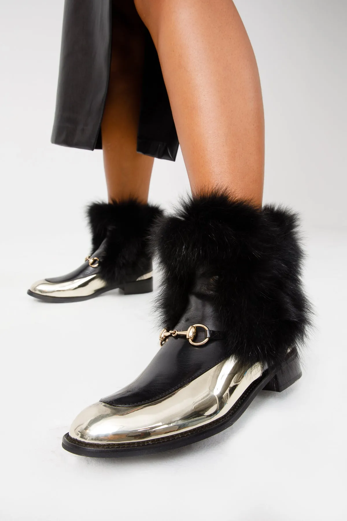 The Izmir Black & Gold Leather Natural Fox Fur Mid Calf Women Boot