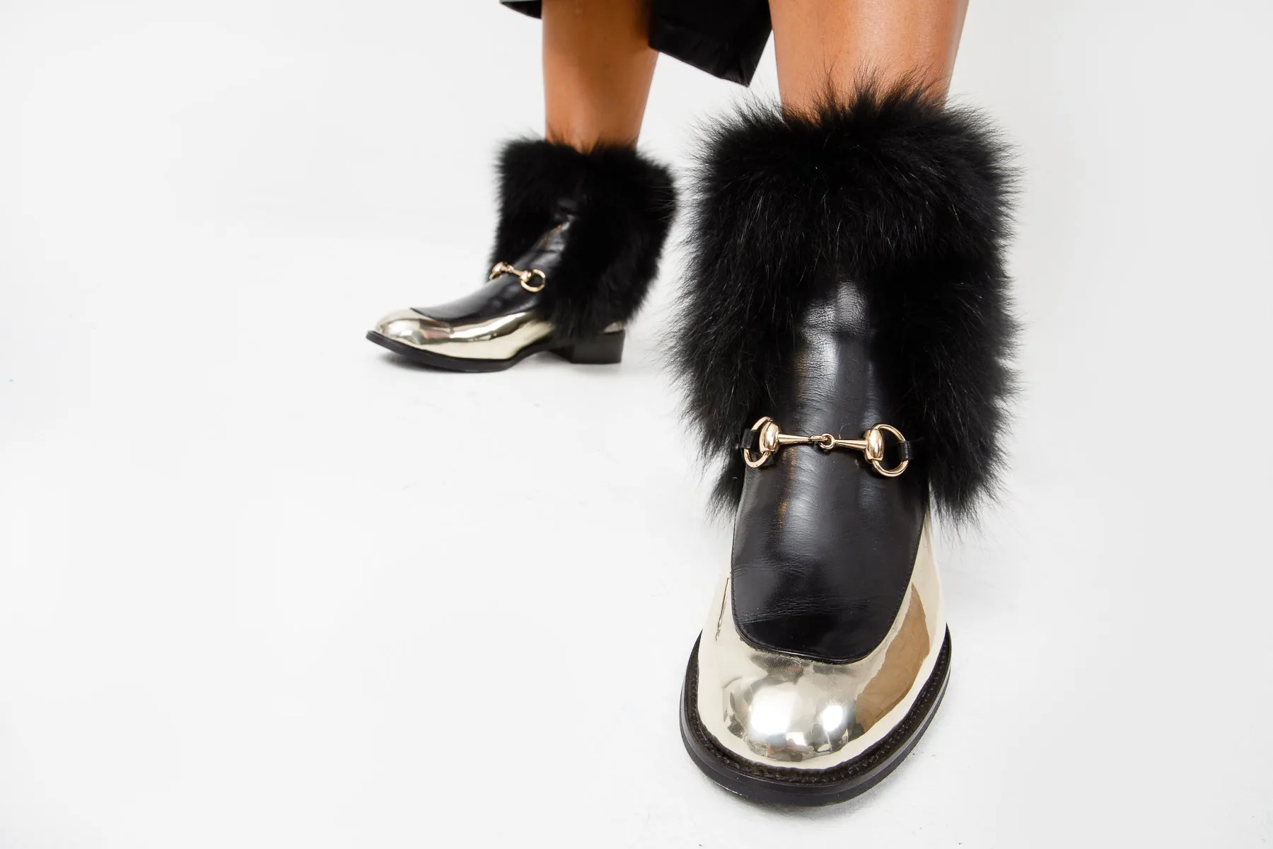 The Izmir Black & Gold Leather Natural Fox Fur Mid Calf Women Boot