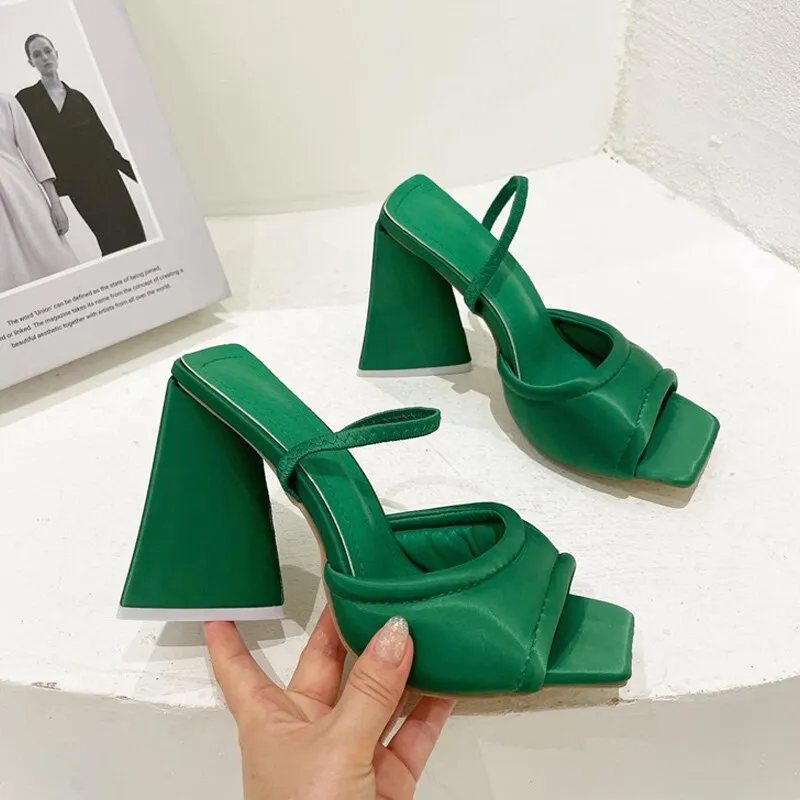 Triangle High Heels Summer Sandals For Women   New Fashion Ladies Party Shoes Wedding PU Back Strap Female Dress Sandals
